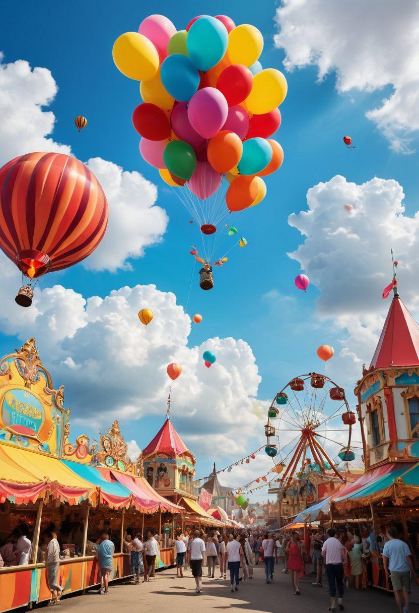 A vibrant scene depicting a whimsical carnival filled with playful, enchanting elements like colorful balloons, mischievous fairies, and whimsical rides, inviting viewers to explore their adventurous side. Showcase a diverse group of people joyfully engaging in quirky activities, such as juggling, kite flying, and dancing, all under a sky filled with bright, fluffy clouds. Add touches of kinkiness with playful, light-hearted symbols like masquerade masks and candy-colored whips artfully incorporated into the setting. super-realistic. vibrant colors. cheerful atmosphere.