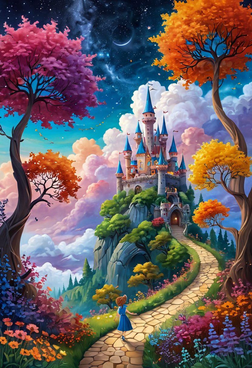 A whimsical landscape filled with vibrant, twisting trees and colorful, oversized flowers, where playful creatures dance joyfully. Include a winding path leading to a fantastical castle in the background, under a sky filled with swirling clouds and shimmering stars. Show diverse characters, each expressing ecstatic adventure, as they interact with magical elements. surreal art style. vibrant colors.