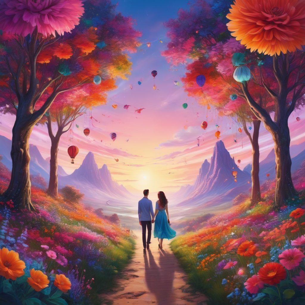 A captivating scene depicting a vibrant, dream-like world where individuals explore their unique kinks in a whimsical, colorful environment. Include diverse characters engaging in playful, consensual activities that express joy and freedom. The background features a surreal landscape filled with oversized flowers, flowing ribbons, and twinkling lights, embodying a sense of bliss and adventure. Make it feel inviting and magical, with a focus on unity and celebration of individuality. vibrant colors. surrealism. whimsical style.